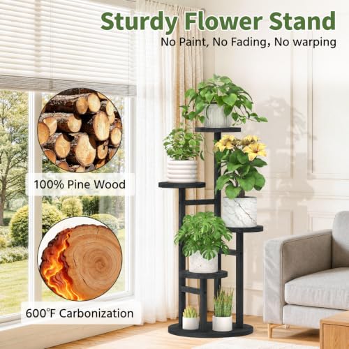 Wood Small Plant Stand Table Tall for Indoor Corner (Matte Black / 4 Tier)