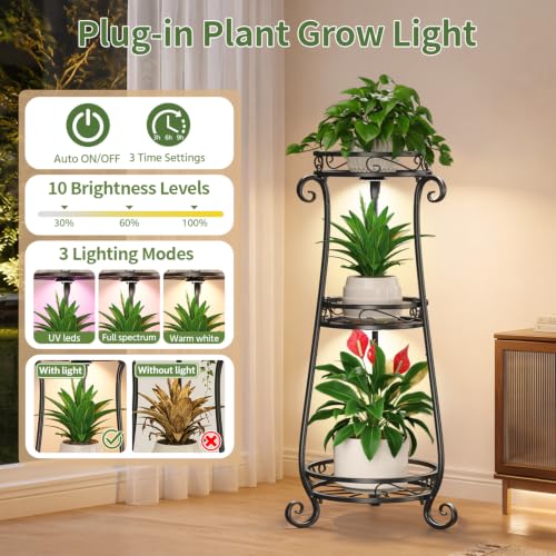 3 Tiers Metal Corner Plant Stand Tall with Light for Indoor Outdoor (Black with Light / 3 Tier)