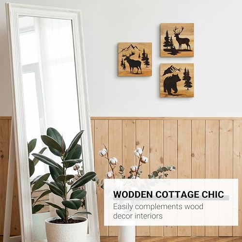 Real Wooden Cabin Wall Decor with Bear Deer & Moose (Forest Animals)