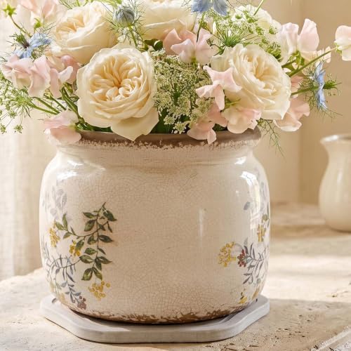Rustic Cottage Ceramic Plant Pot with Decorative Saucer (Yellow Sage / 7.7 in - w/ Saucer)