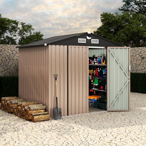 6x8 FT Metal Storage Sheds Outdoor with Solar Light (Brown / 6x8FT with Light)