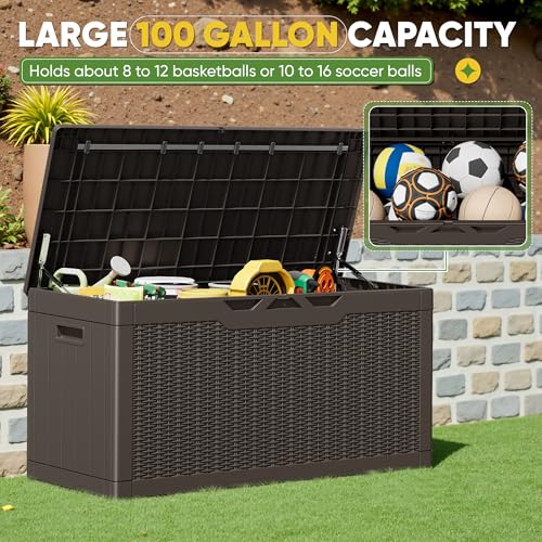 Outdoor Storage Box 100 Gallon Storage Bin with Lid for Patio Furniture (Dark Brown / 100 Gallon)