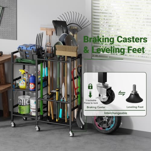 Garden Tool Organizer with 6 Industrial Wheels & Large Hooks (29.5"W*11.8"D*33.5"H-with Wheels)