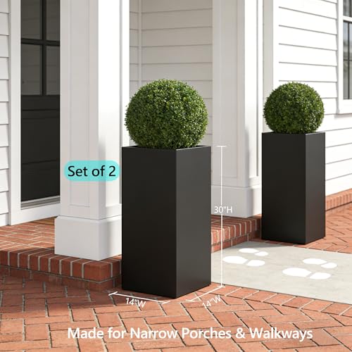 Set of 2 Tall Metal Planter Box for Outdoor Plants (Black / 14" L x 14" W x 30" H)