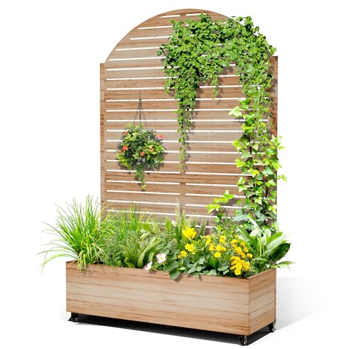 Metal Raised Garden Bed with Trellis and Wheels (Acacia Wood Grain-louvered / 71" x 47" x 16")