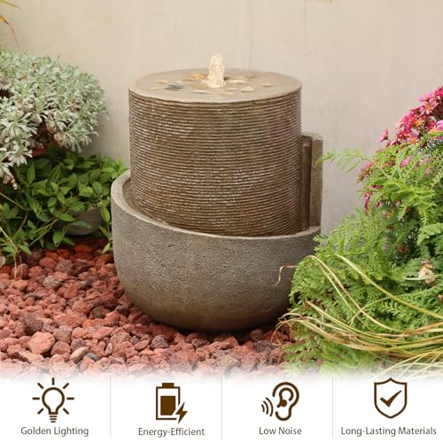 18H Modern Outdoor Water Fountain with Led Lights Tiered Cascading Waterfall Feature with Quiet Pump Floor Water Fountain for Patio Garden Backyard Decking Home and Indoor Décor Brown Brown (17.72-Brown / 17.72-brown)