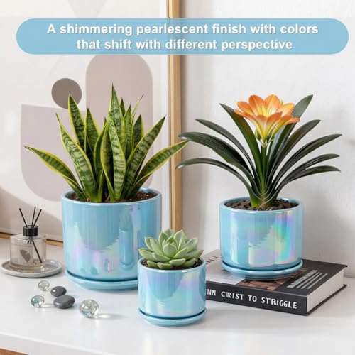 Ceramic Planter 4+5+6 Inch Ceramic Flower pots for Indoor Plants with Drainage (Sky Blue)