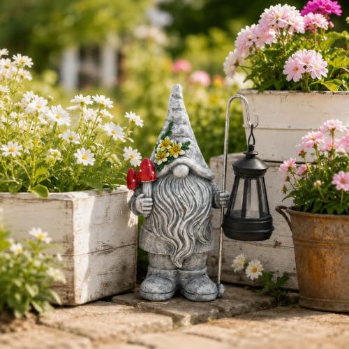 Garden Gnome Statue with Lantern (Mushroom Gnome)