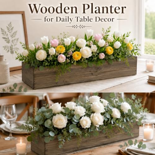 12 Set Wood Boxes for Centerpieces 16x4 Inch Rectangle Wooden Planter Box Rustic Wooden Planters with Removable Plastic Liner Floral Foam Blocks for Christmas Wedding Home Garden Decor (16 x 4 Inch / Brown)