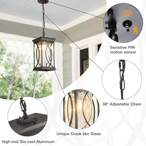 Motion Outdoor Pendant Light Fixtures Dusk to Dawn Exterior Ceiling Hanging Lantern for Porch (Black-L-PL)