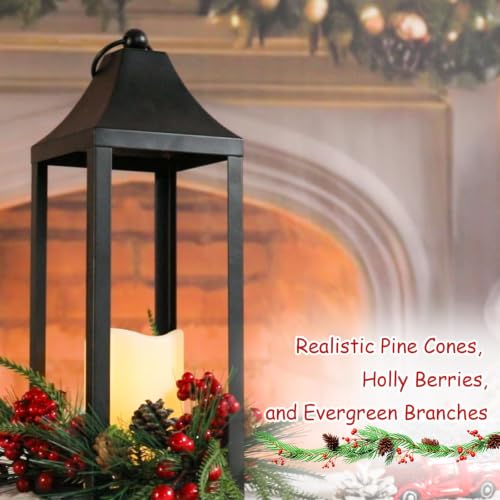Black Metal Christmas Lantern with Flameless LED Candle Holiday Decor