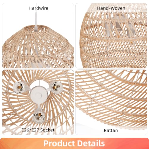 3 Light Boho Rattan Chandelier for Kitchen Island Dining Room (Rattan / 3-Light / 18″H)