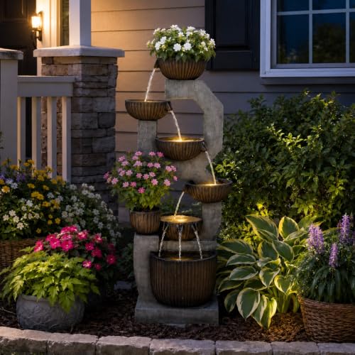 57'' H Tall Large Outdoor Water Fountain with Planter (Grey- 57 Inch)