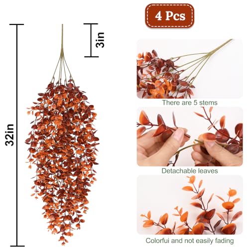 4Pcs Fake Hanging Plants (Red-brown Eucalyptus Vines / 4Pcs Plants)