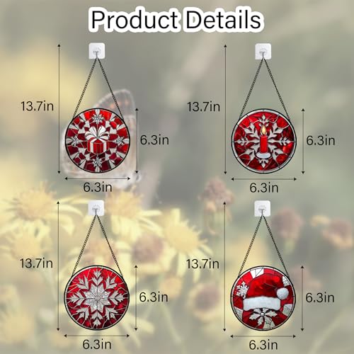 Stained Glass Window Hanging 4 Pcs Set Red Christmas Decorations Theme 6.3" (4-piece Red Christmas Set / 6.3x6.3 IN)