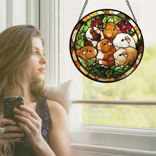 Guinea Pig Family Garden Stained Glass Window Hanging Suncatcher Gifts 6.3" (Brown and White / 6.3x6.3 IN)