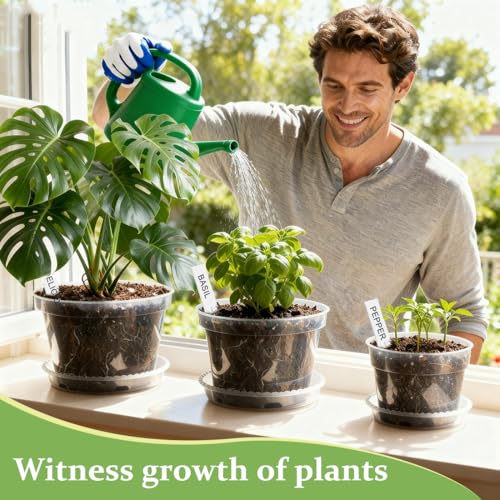 10/8/6 Inch Clear Plant Pots with Drainage Hole 12 Pack, Transparent Sturdy Plastic Nursery Pots with Saucers, Plant Label, Gardening Gloves, Plant Starter Pots for Planting Seed Herb Vegetable Flower (Clear / 10/8/6 Inch-12P)