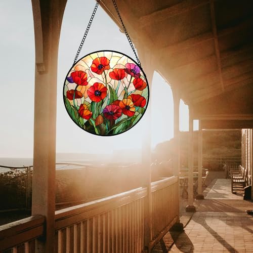 Red Poppy Flower Stained Glass Window Hanging Suncatcher Gifts for Mom 9.8" (Red / 9.8x9.8 IN)