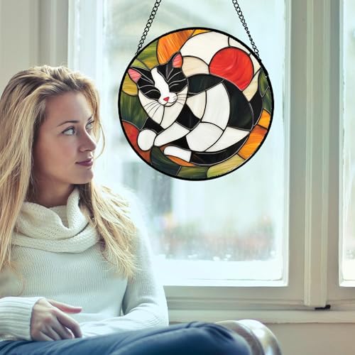 Cozy Tuxedo Cat Stained Glass Window Hanging Suncatcher Gift for Mom 7.8" (Black and White / 7.8x7.8 IN)