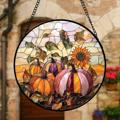 Fall Sunflowers Pumpkins Stained Glass Window Hanging Suncatcher Gifts 15" (Orange Pink / 14.9x14.9 IN)