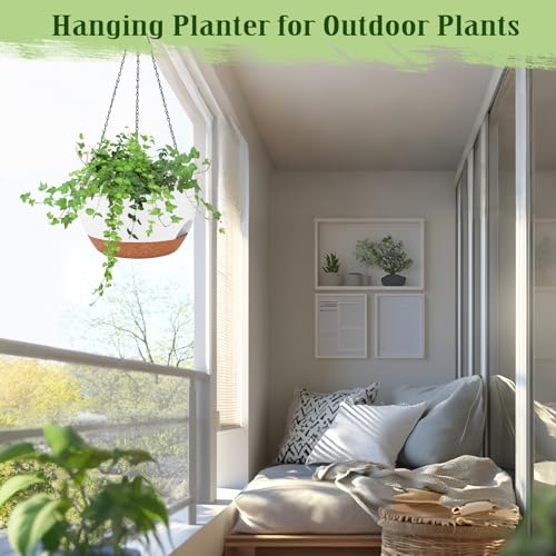 2 Pack 10 Inch Self Watering Hanging Planter for Indoor Outdoor Plants (White / 10 inch)