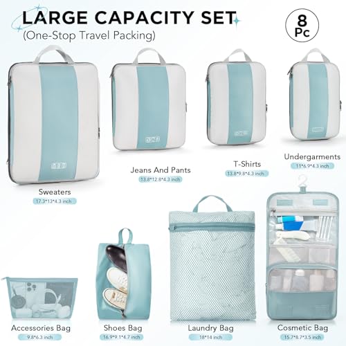 8 Set Compression Packing Cubes for Travel Essentials (Blue Gray)
