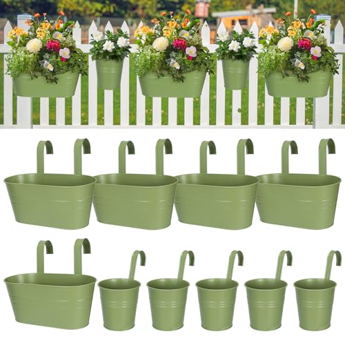 Metal Iron Flower Pots for Railing Fence Hanging Bucket Pots (Green)