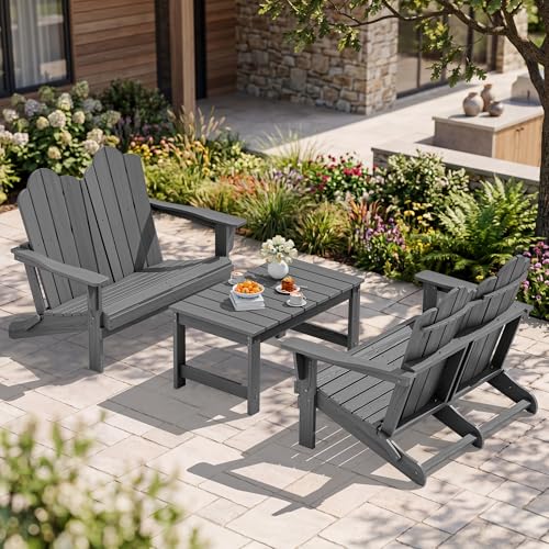 3 Piece Adirondack Bench Set (Grey / 2 bench & 1 coffee table)