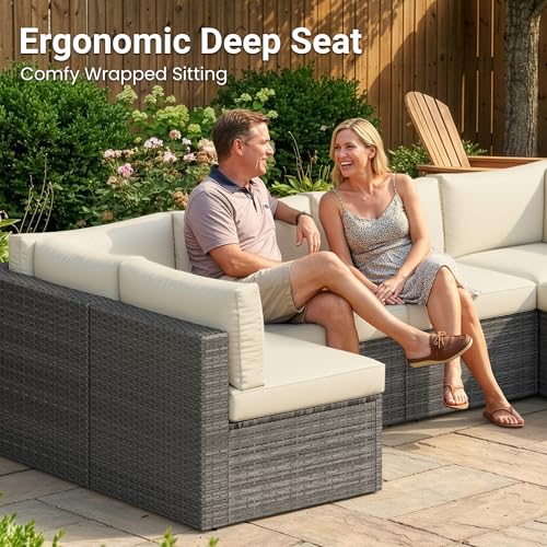 Patio Sectional Furniture Set (Beige-1 / 7-Pieces)