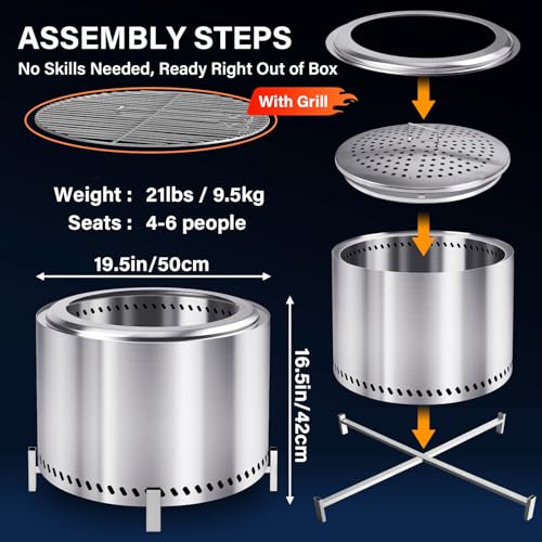 19.5" Smokeless Firepit with Stand & Grill Rack (Silver / 19.5" Firepit with Stand & Grill)
