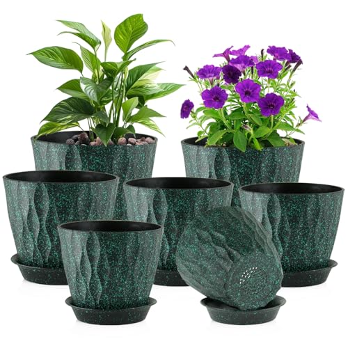 7/6.5/6/5.5/5/4.5/4 inch Plant Pots for Indoor Outdoor Plants, 7 Pack Thick Flower Pots with Drainage Holes and Saucers, Wave Texture Plastic Planters Nursery Pots, Black with Green Speckles (Black With Green Speckles / 7+6.5+6+5.5+5+4.5+4 inch 7 pieces)