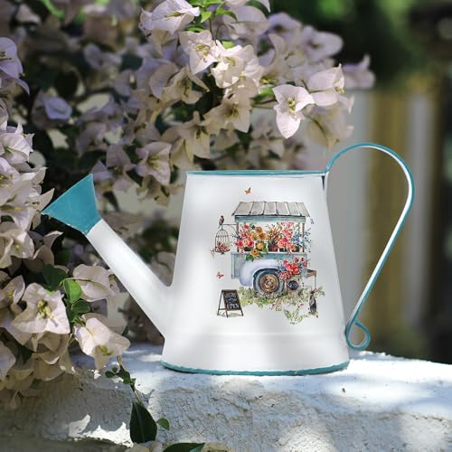 Cute Small Watering Can Indoor Plants Garden Metal Decorative Watering Cans for Outdoor Plants Bonsai Outdoor Garden Flower Decorative (White Blue)