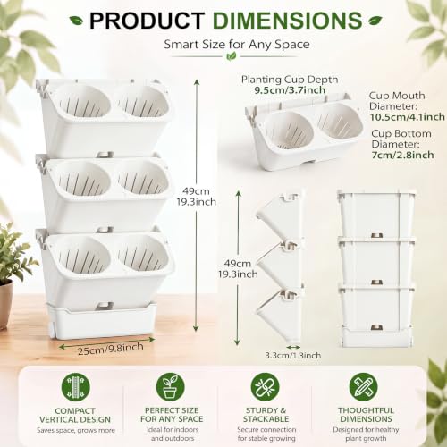 3 Set 6 Pocket Vertical Stackable Wall Planters Kit Outdoor Self Watering Plastic Planter Grow Hang Mount System for Strawberry Flower Vegetable Home Fence Balcony Wall Decor (White)