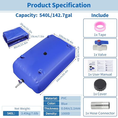 540L 142.7 Gal Water Storage Bladder Large Capacity Foldable (540L/142.7Gal / Blue)