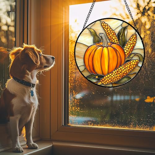 Fall Pumpkin and Corn Stained Glass Window Hanging Suncatcher Gifts 12"