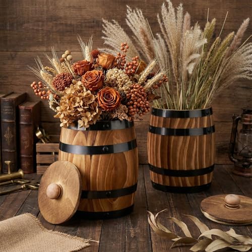 2 Pcs Wood Wine Barrel Vase Flower Vase Container (6.3 x 5.5 Inch)