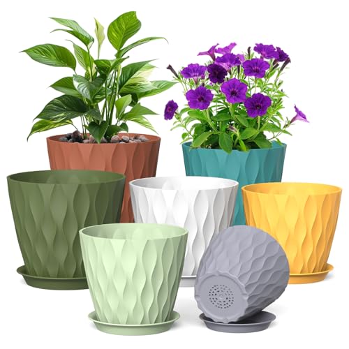 7/6.5/6/5.5/5/4.5/4 inch Plant Pots for Indoor Outdoor Plants, 7 Pack Thick Flower Pots with Drainage Holes and Saucers, Modern Wave Texture Small Plastic Planters Nursery Pots, Multicolor (Colorful / 7+6.5+6+5.5+5+4.5+4 inch 7 pieces)