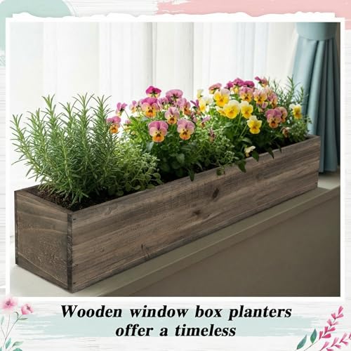 1 Set Wood Boxes for Centerpieces 28x5 Inch Rectangle Wooden Planter Box Rustic Wooden Planters with Removable Plastic Liner Floral Foam Blocks for Christmas Wedding Home Garden Decor (28 x 5 Inch / Brown)