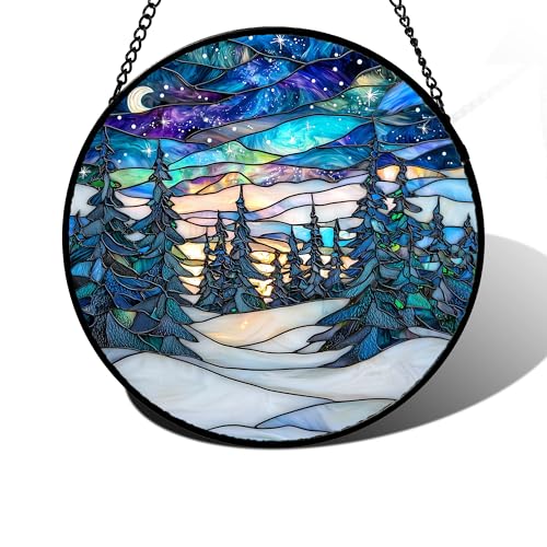 Aurora Winter Forest Stained Glass Window Hanging Suncatcher Gifts 9.8"