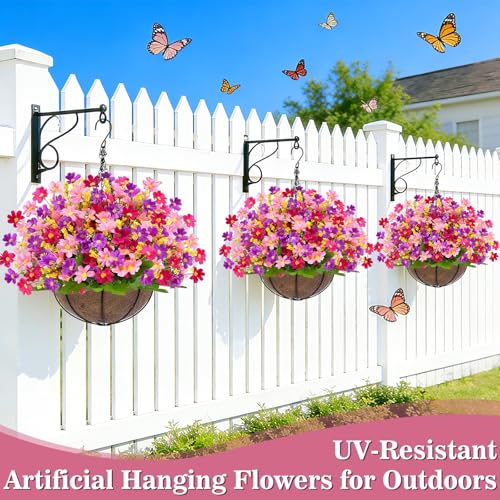 Artificial Hanging Flowers Basket for Outdoor Spring Summer Decor (Daisy Purple Mix)