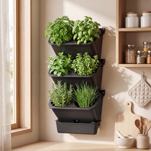 3 Set 6 Pocket Vertical Stackable Wall Planters Kit Outdoor Self Watering Plastic Planter Grow Hang Mount System for Strawberry Flower Vegetable Home Fence Balcony Wall Decor (Black)