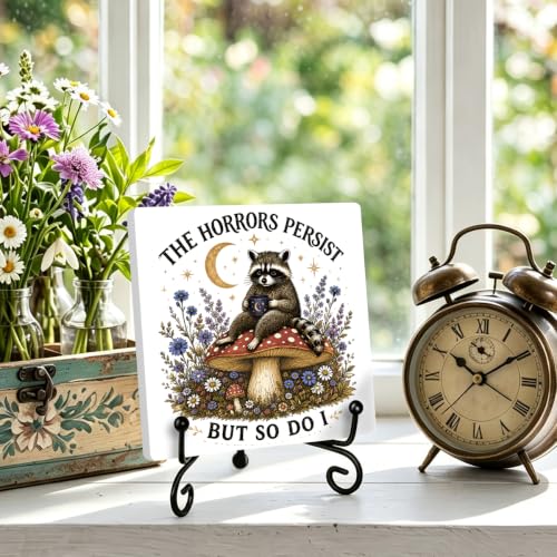 Funny Raccoon Wooden Plaque for Home Office Book Shelf Table Decor 02 (Multicolor 1743 / Wooden sign with iron frame（6.3 x 6.3 inches）)