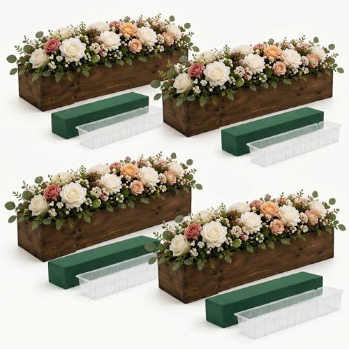 4 Set Wood Boxes for Centerpieces 16x4 Inch Rectangle Wooden Planter Box Rustic Wooden Planters with Removable Plastic Liner Floral Foam Blocks for Christmas Wedding Home Garden Decor (16 x 4 Inch / Brown)