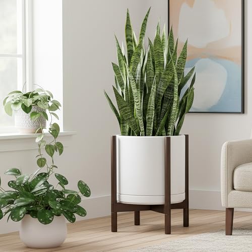 Ceramic Pot with Walnut Wood Stand (14 Inch / White Pot + Walnut Color Stand)