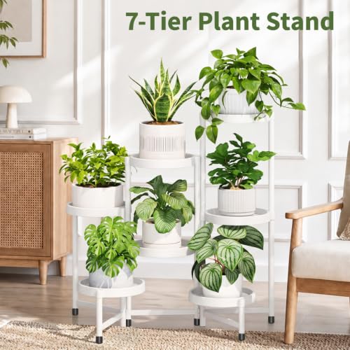 Plant Stand Indoor Outdoor with Large 10 Inch Plastic Tray (Pure White with Large Tray / 7 Tier)