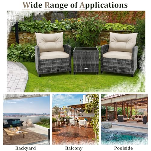 3 Pieces Patio Conversation Set PE Rattan Outdoor Furniture Sofa Set with Removable Cushion (Mix Grey & Beige)
