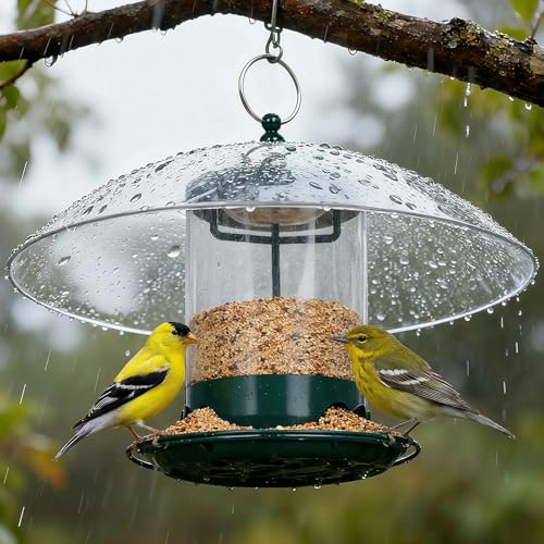 Metal Bird Feeder for Outdoor Hanging with 12” Weatherproof Dome (Green with Transparent Dome)