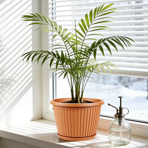 Planter-Pots-for-Plants-Indoor-Outdoor, 4 Pack 10 Inch Plastic Flower Pots with Saucer & Drainage Holes, Modern Garden Planters for Planting Medium Large Plants，Decorative Resin Garden Pots (Terracotta / 10 inch)
