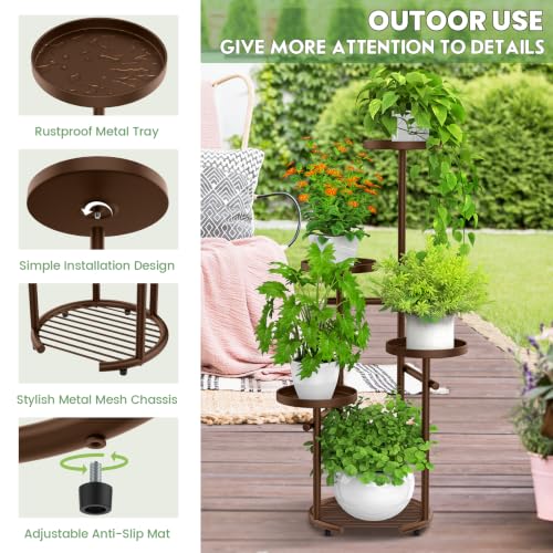 Tall 5 Tier Round Metal Corner Plant Stand Indoor (Brown / 5-Tier Round Base)
