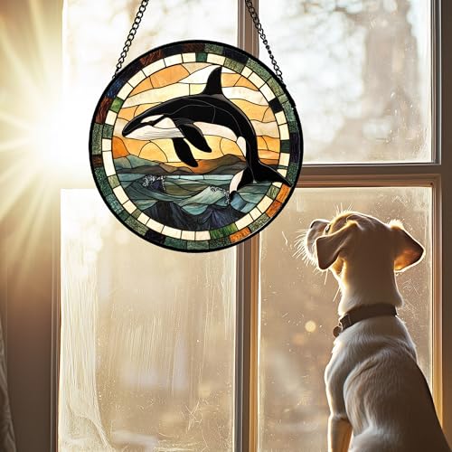 Orca Whale Ocean Waves Stained Glass Window Hanging Suncatcher Gifts 7.8" (Black and White / 7.8x7.8 IN)